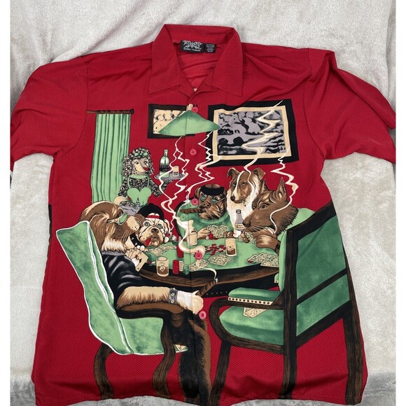 Dragonfly Other - DRAGONFLY - DOGS PLAYING POKER Shirt Men’s XL Red Polyester Vegas Gambling